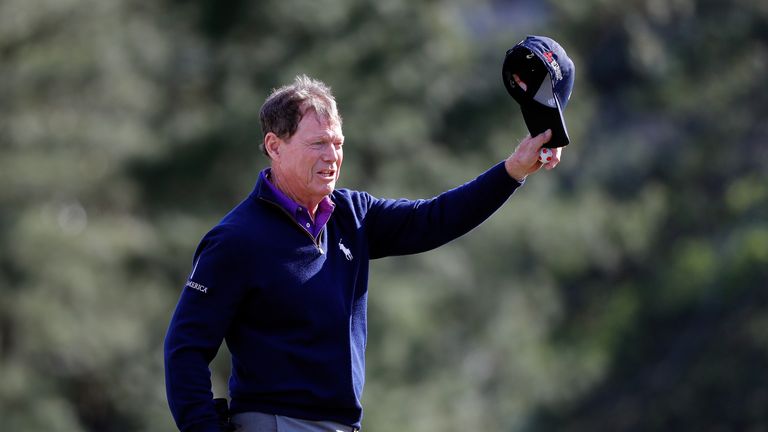 Tom Watson of the United States reacts after completing the second round of the 2016 Masters Tournament at Augusta National Golf Club