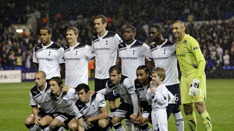 The Tottenham Hotspur starting XI pose for a photograph before their UEFA Champions League match against FC Twente at White Hart Lane in 2010