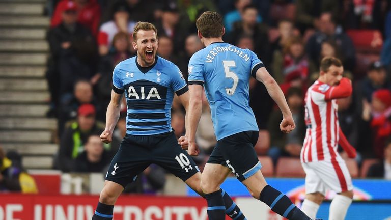 Harry Kane celebrates after scoring for Tottenham against Stoke