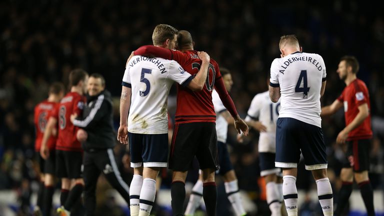 Jan Vertonghen, Sandro, Toby Alderweireld, dejected, Tottenham v West Brom