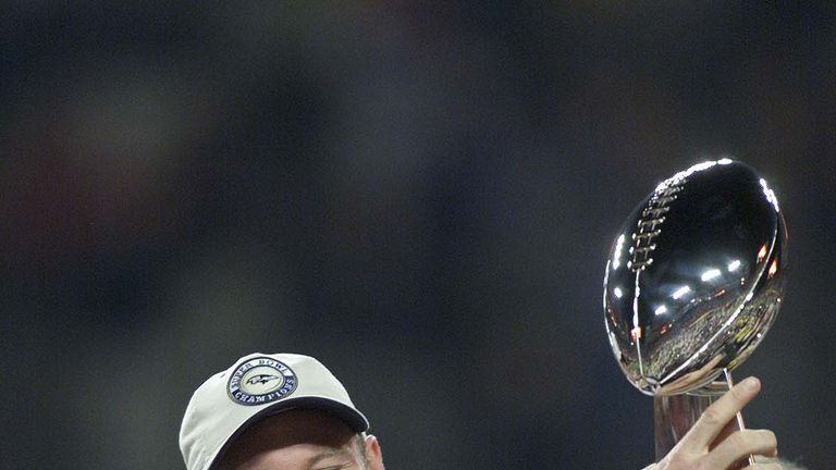 28 Jan 2001: Trent Dilfer of the Baltimore Ravens is presented the Lombardi Trophy after defeating the New York Giants during Super Bowl XXXV at Raymond Ja