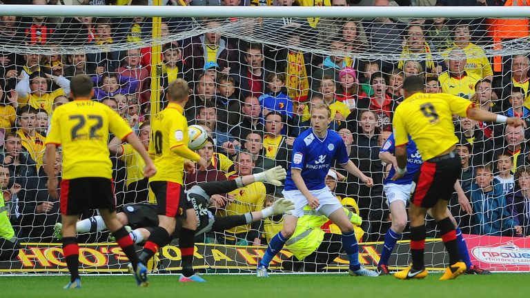 WATFORD, ENGLAND - MAY 12: Troy Deeney of Watford score the winning goal during the npower Championship Play Off Semi Final: Second Leg between Watford and