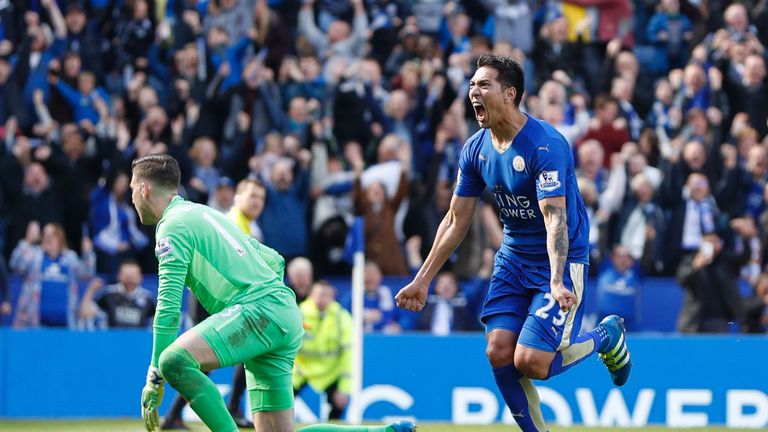 Leonardo Ulloa (right) celebrates after scoring Leicester's second goal from the penalty spot to equalise 2-2 against West Ham