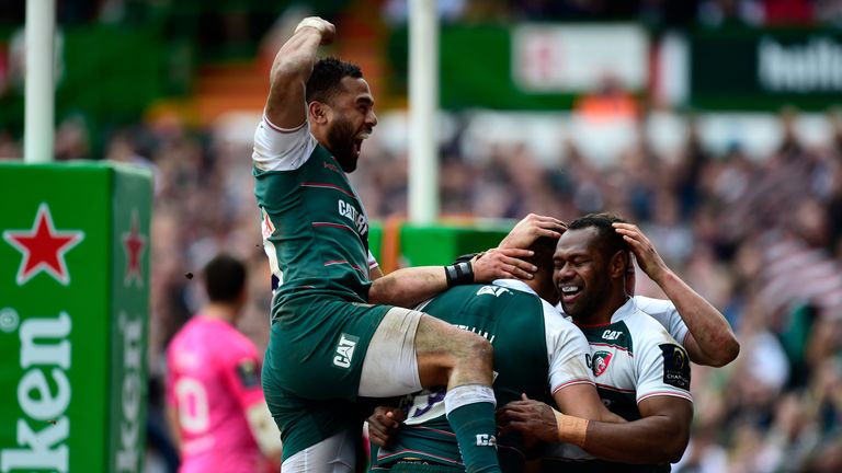 Leicester Tigers player Vereniki Goneva celebrates with team mates