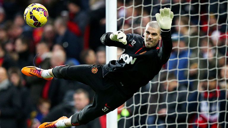 Victor Valdes warms up before a match between Manchester United and Southampton
