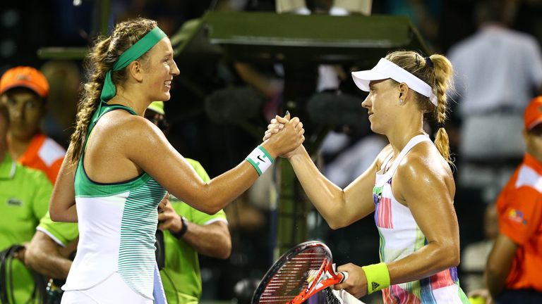 Victoria Azarenka and Angelique Kerber shake hands after their Miami Open semi-final