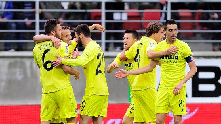 Villarreal's players celebrate after scoring a goal during the Spanish league football match SD Eibar vs Villarreal CF