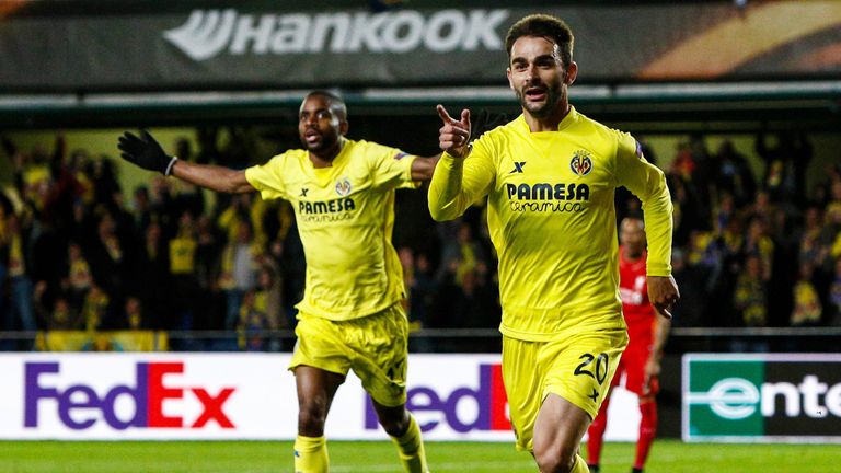 Villarreal's forward Adrian Lopez celebrates during the Europa League semi-final first leg between Villarreal CF and Liverpool FC on April 28, 2016