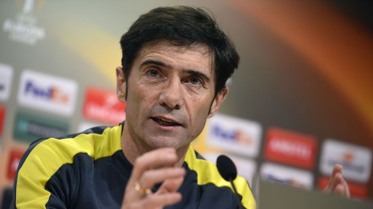 Villarreal's coach Marcelino Garcia Toral speaks during a press conference at El Madrigal stadium 