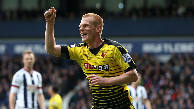 Watford's Ben Watson celebrates scoring the opening goal against West Brom