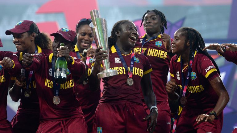 KOLKATA, WEST BENGAL - APRIL 03:  West Indies lift the trophy after winning the Women's ICC World Twenty20 