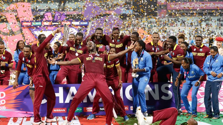 West Indies men's and women's players celebrate after their respective wins in the finals of the ICC World Twenty20 2016