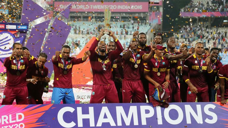 West Indies team celebrate on the podium after defeating England in the final of the ICC World Twenty20 2016