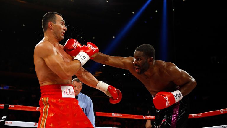 Bryant Jennings (R) of the United States throws a right to the face of Wladimir Klitschko