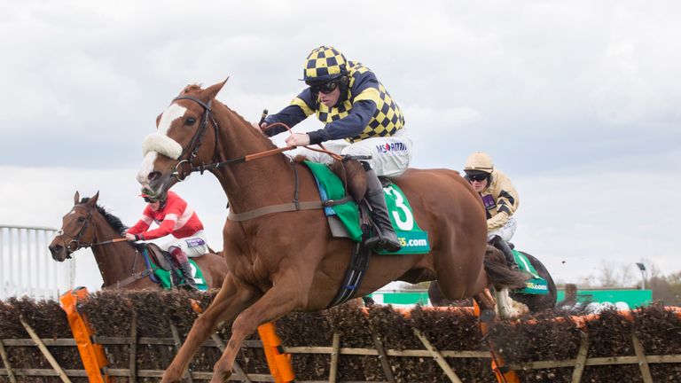 Wolf Of Windlesham ridden by Joshua Moore clear the last flight before going on to win The bet365 Juvenile Handicap Hurdle Race run during bet365 Jump Fina