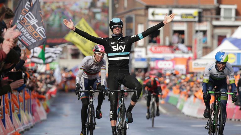 Netherland's Wouter Poels celebrates after winning the 102st Liege-Bastogne-Liege one-day