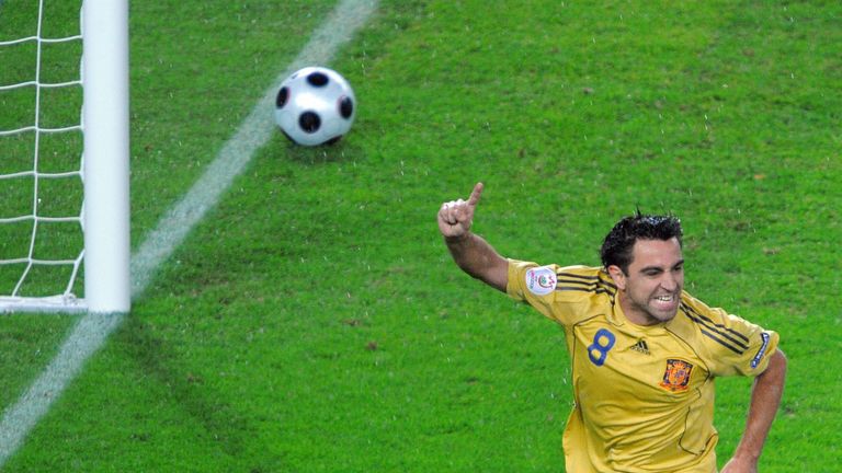 Spanish midfielder Xavi Hernandez celebrates after scoring during the Euro 2008 championships semi-final 
