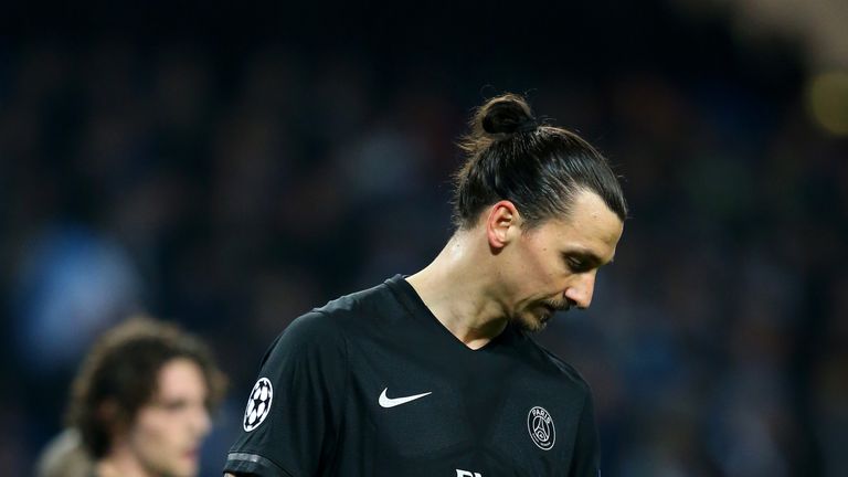MANCHESTER, UNITED KINGDOM - APRIL 12:  Zlatan Ibrahimovic of Paris Saint-Germain looks despondent during the UEFA Champions League quarter final second le