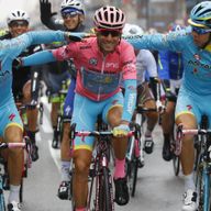 Vincenzo Nibali celebrates his Giro d'Italia victory with team-mates on the final stage