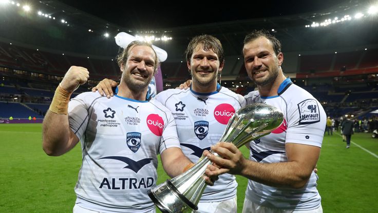 Jannie du Plessis (l), Francois Steyn (c) and Bismarck du Plessis of Montpellier celebrate after beating Harlequins in the 2016 Challenge Cup Final