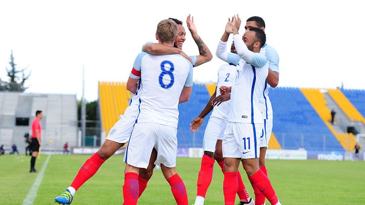 Lewis Baker of England celebrates after scoring his sides first goal during the Final of the Toulon Tournament between England an