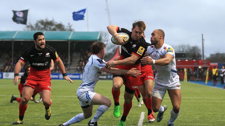 Chris Wyles scores a try against Exeter on March 26