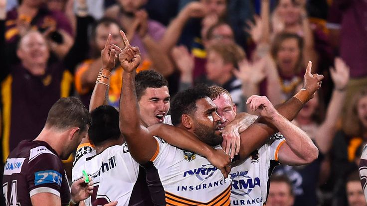 Sam Thaiday of the Broncos celebrates after scoring a try  against Manly