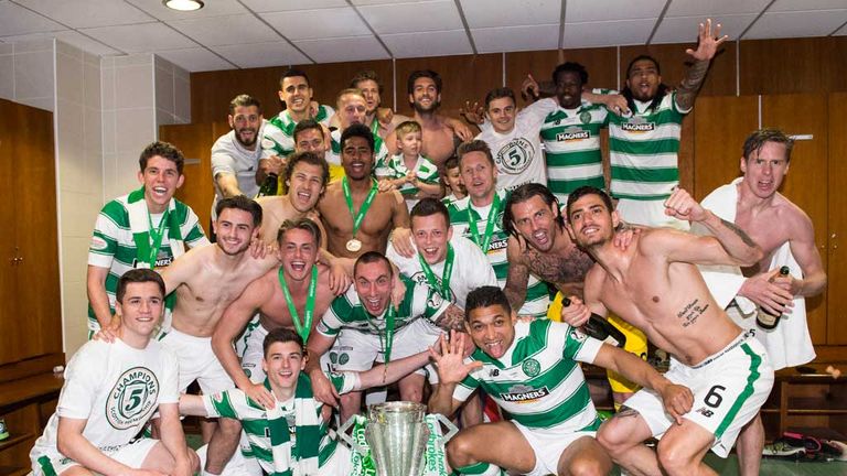 A happy changing room as Celtic celebrate a fifth successive Premiership title