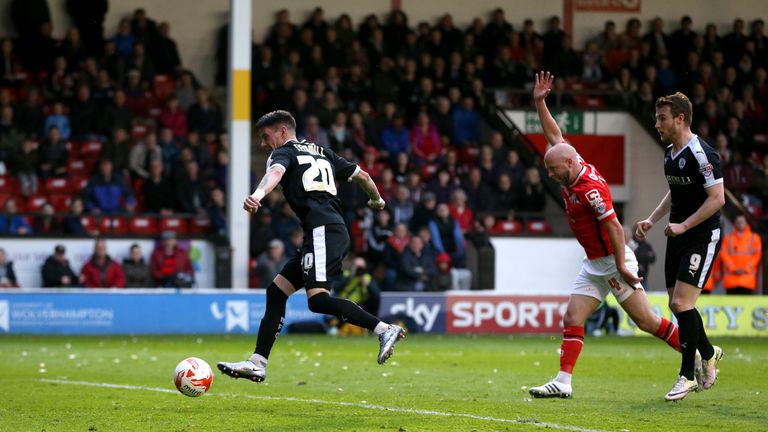 Barnsley's Adam Hammill scores his side's first goal of the game during the Sky Bet League One Play-Off, Second Leg at Banks's Stadium, Walsall.