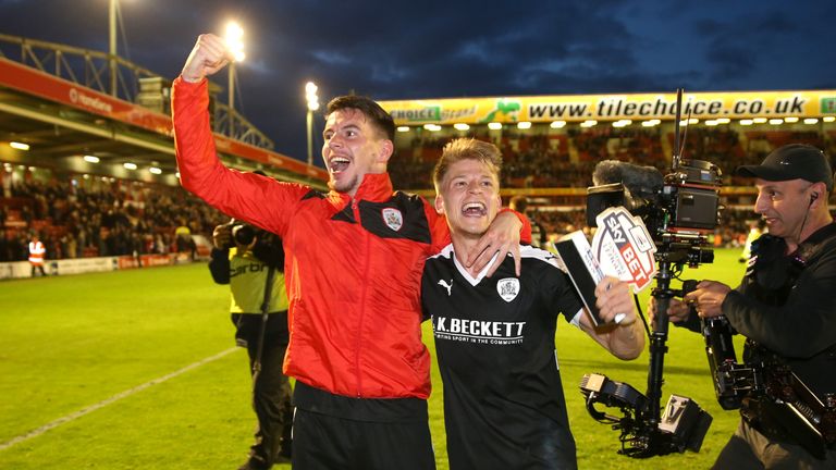 Barnsley's Adam Hammill (left) and Lloyd Isgrove celebrate in the Sky Bet League One Play-Off, Second Leg at Banks's Stadium, Walsall