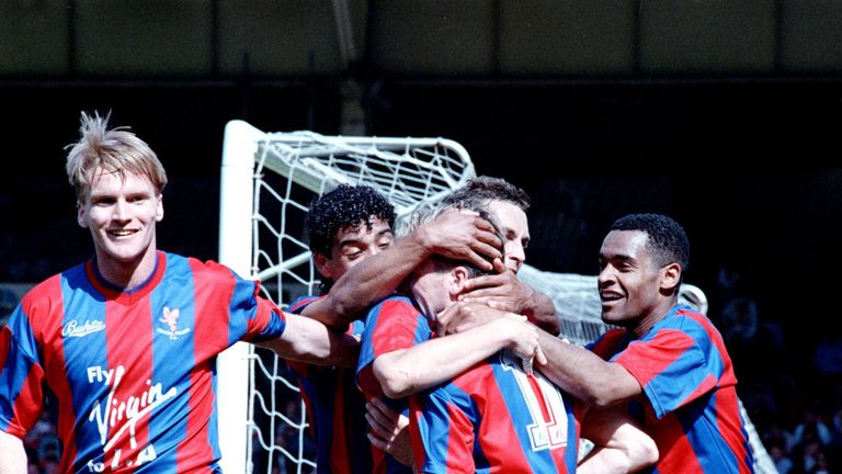Alan Pardew (centre) is mobbed by Geoff Thomas and team-mates after he scored for Crystal Palace in the FA Cup Semi-Final against Liverpool