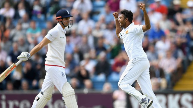 Dasun Shanaka celebrates the dismissal of England captain Alastair Cook