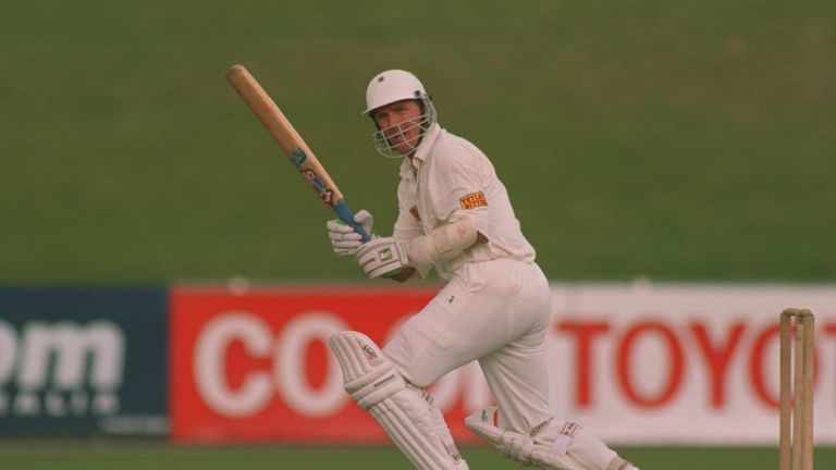 ENGLAND BATSMAN ALEC STEWART HEADS FOR ANOTHER RUN ON HIS WAY TO A CENTURY AGAINST AUSTRALIA XI