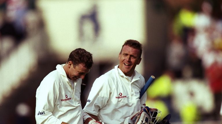 England Captain Alec Stewart chats to his predecessor  Mike Atherton during the First Test match against South Africa at Edgbaston