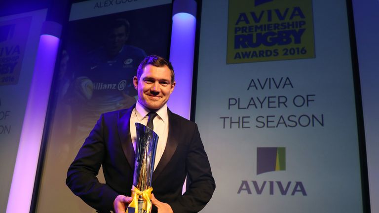 Alex Goode of Saracens poses after being presented with the Aviva Premiership Rugby Player of the Season award