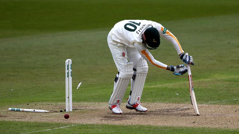 NOTTINGHAM, ENGLAND - MAY 03:  Alex Hales of Nottinghamshire is bowled by Jack Brooks during the Specsavers County Championship division one match between 
