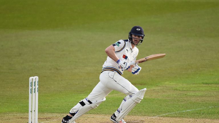 Alex Lees of Yorkshire hits out during the Specsavers County Championship Division One match between Nottinghamshire and Yor