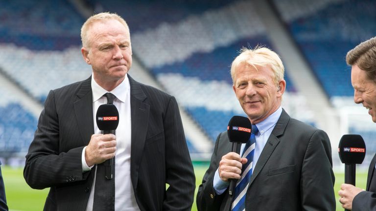 Former Scotland manager Alex Mcleish (left) and current Scotland boss Gordon Strachan during the Scottish Cup Final for Sky Sports at Hampden Park, Glasgow