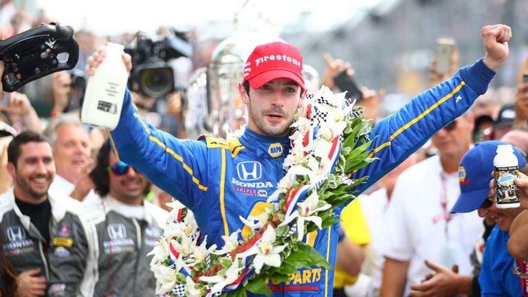 INDIANAPOLIS, IN - MAY 29:  Alexander Rossi, driver of the #98 NAPA Auto Parts Andretti Herta Autosport Honda celebrates after winning the 100th running of