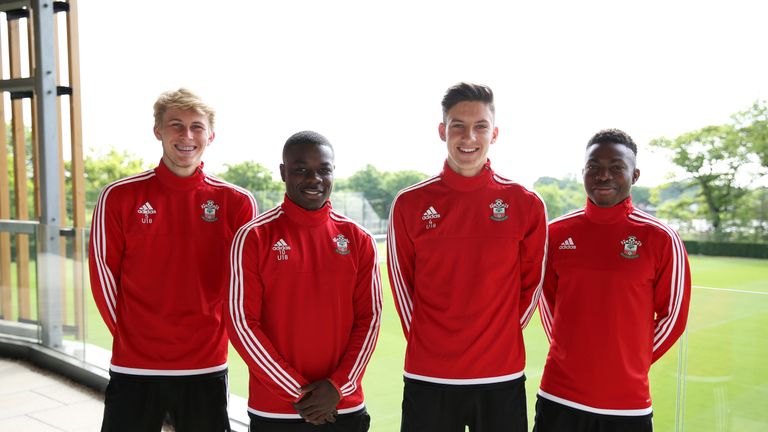 Olufela Olomola, Alfie Jones, Richard Bakery and Ollie Cook signing their first professional contract for Southampton  