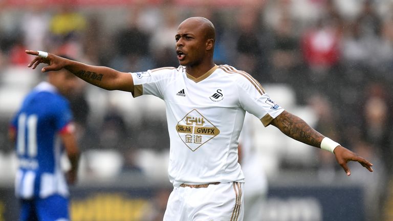 SWANSEA, WALES - AUGUST 01:  Swansea player Andre Ayew in action during the Pre season friendly match between Swansea City and Deportivo La Coruna at Liber