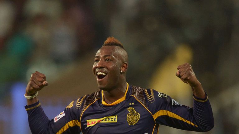 Kolkata Knight Riders Andre Russell celebrates after the dismissal of Kings XI Punjab Marcus Stoinis during the 2016 Indian Premier League (IPL) Twenty20 c