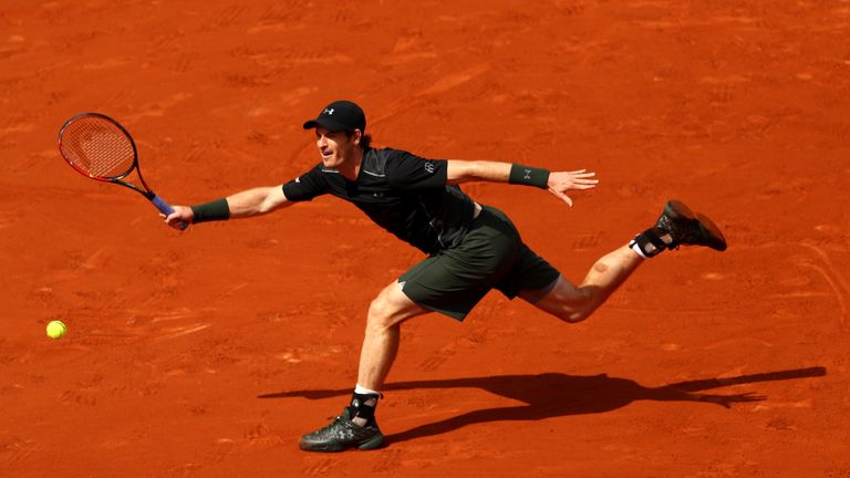 Andy Murray plays a forehand during the French Open Men's Singles second round match against Mathias Bourgue