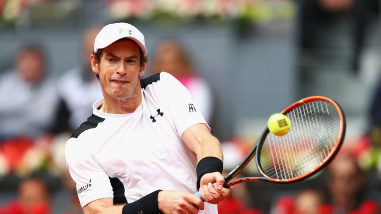 MADRID, SPAIN - MAY 07:  Andy Murray of Great Britain in action against Rafael Nadal of Spain in the semi finals during day eight of the Mutua Madrid Open 