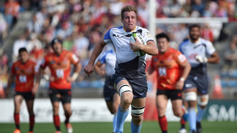 Australia's flanker Angus Cottrell races for the line for Western Force