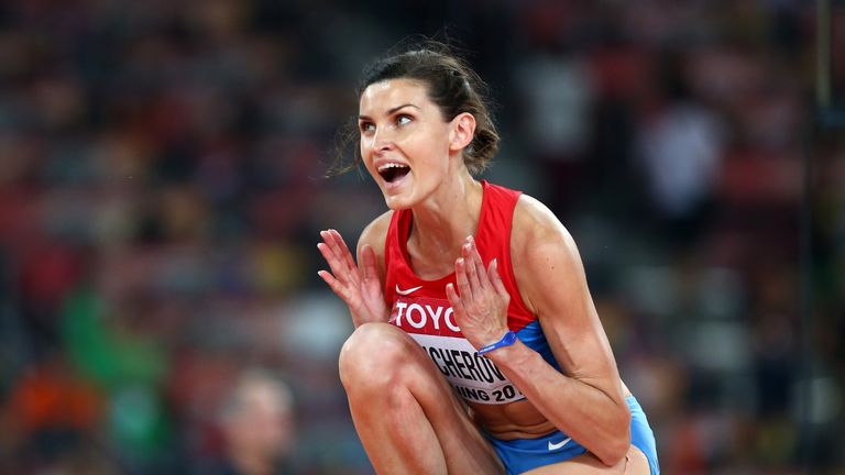 Anna Chicherova of Russia celebrates after winning bronze in the women's high jump final at the 2015 World Championships in Beijing