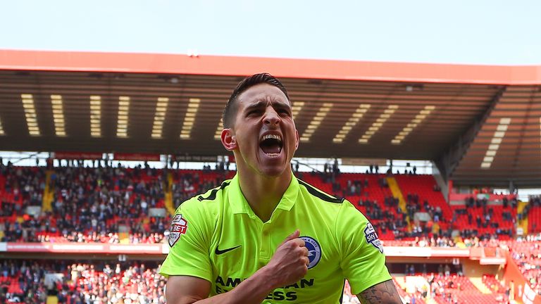 LONDON, ENGLAND - APRIL 23:   Anthony Knockaert celebrates as team mate Tomer Hemed of Brighton & Hove Albion scores their sides third goal during the Sky 