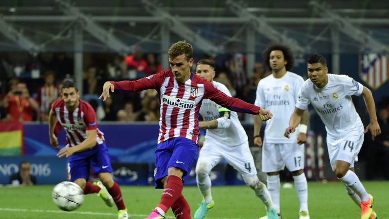 Atletico Madrid's French forward Antoine Griezmann takes a penalty kick during the UEFA Champions League final