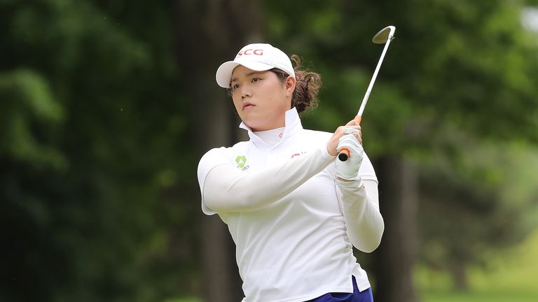 Ariya Jutanugarn from Thailand hits her provisional ball to the sixth green during the second round of the LPGA Volvik Championship