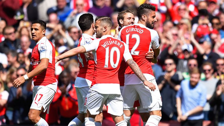 Arsenal players celebrate a goal against Aston Villa